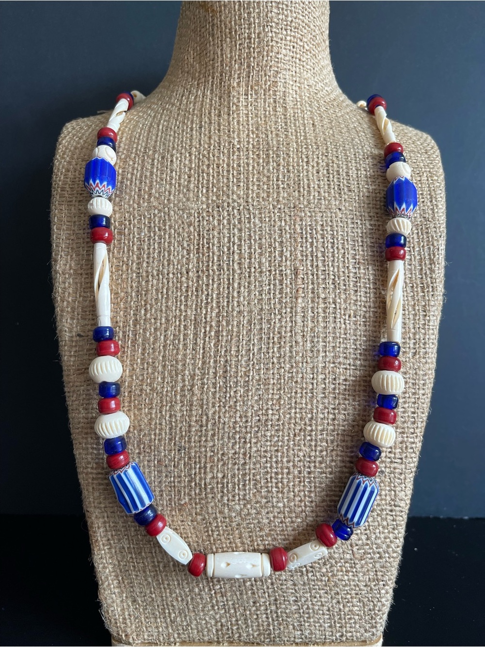 Vintage chevron African trade Blue glass & carved bone Necklace.